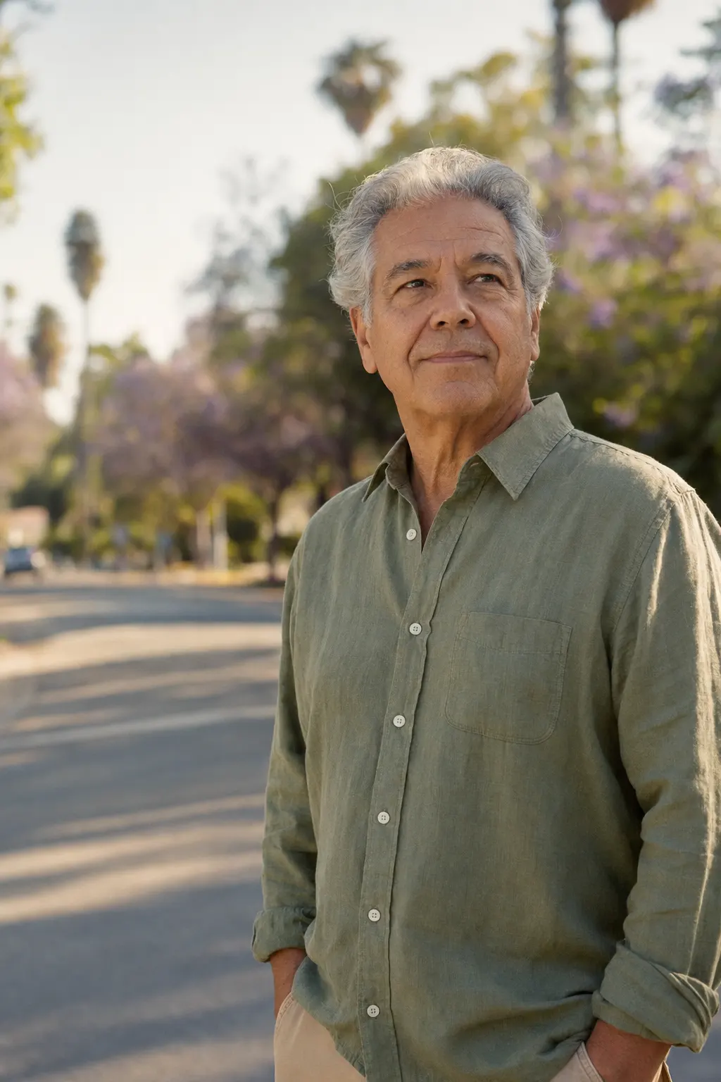 Man in his sixties outdoors in Los Angeles with clear vision after corneal transplant surgery at Berg-Feinfield