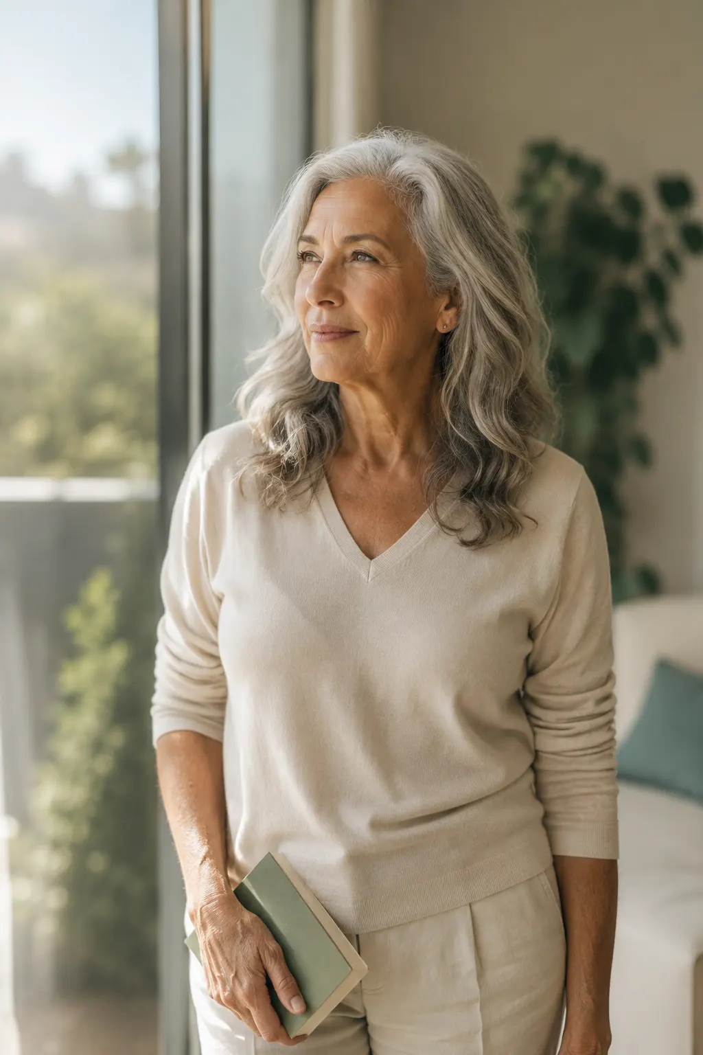 Woman in her sixties reading in bright natural light — clear vision after treatment for Fuchs' endothelial dystrophy at Berg-Feinfield, Los Angeles