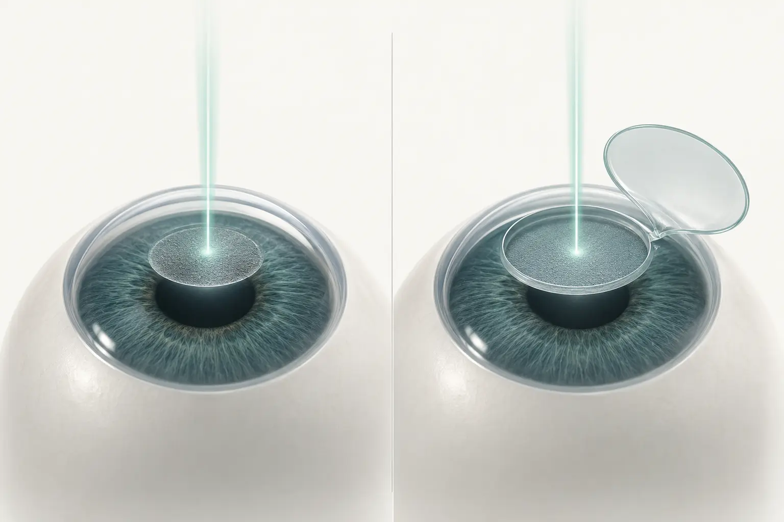 Diagram comparing LASIK and PRK: LASIK lifts a thin corneal flap to reshape the inner cornea, while PRK removes the outer surface layer and reshapes the surface directly