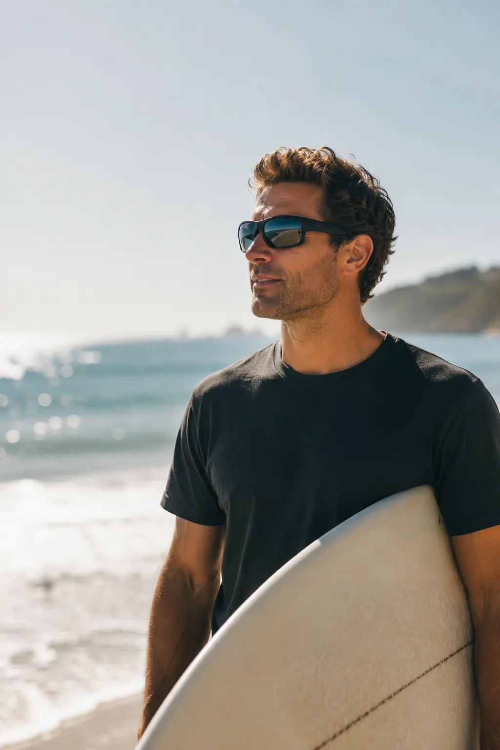 Surfer wearing wraparound UV-protective sunglasses on a Los Angeles beach — UV exposure is the primary cause of pterygium, or surfer's eye