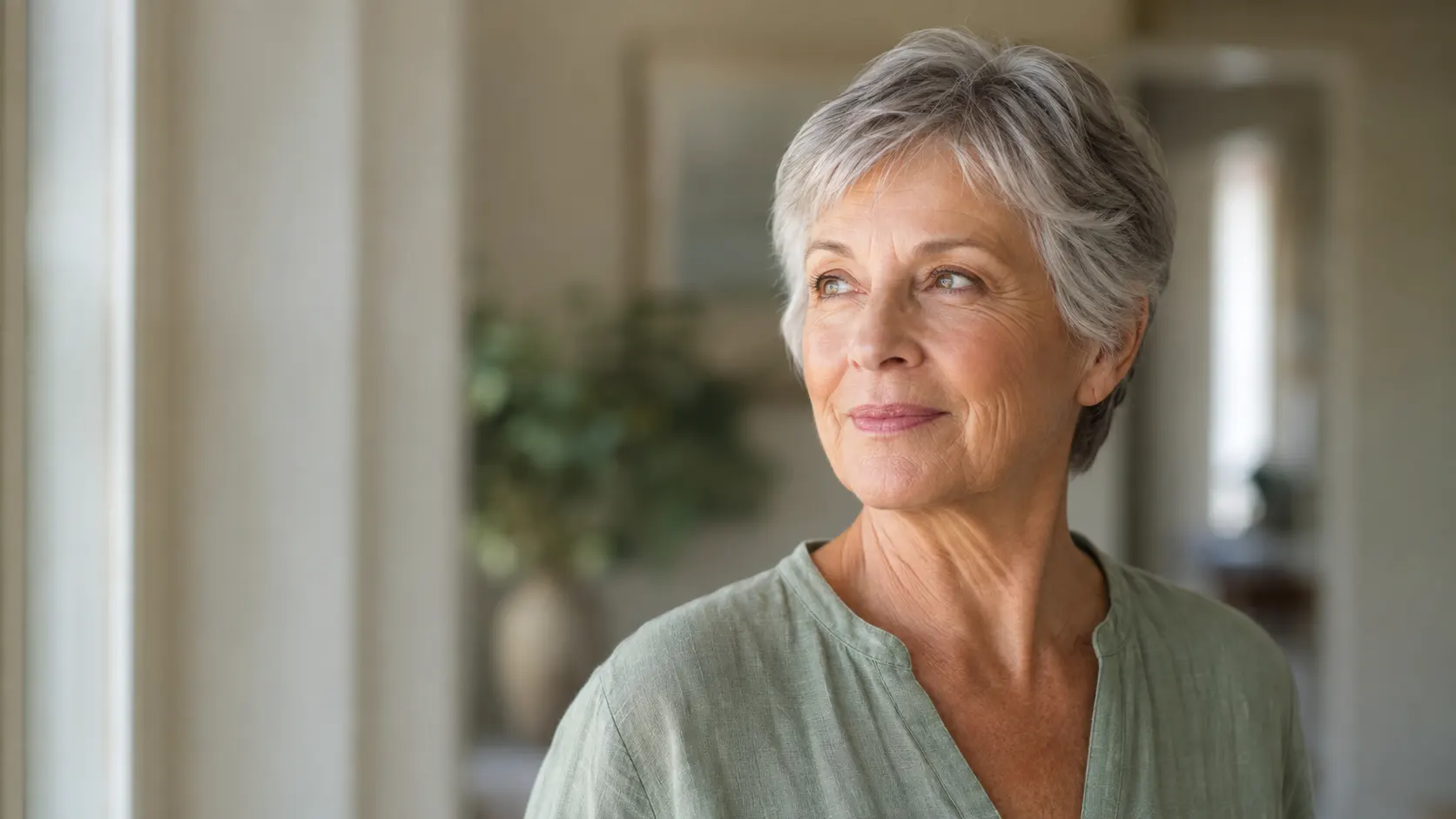 A woman in her sixties looking comfortably into the middle distance in natural light, illustrating the range of vision a premium intraocular lens can provide after cataract surgery