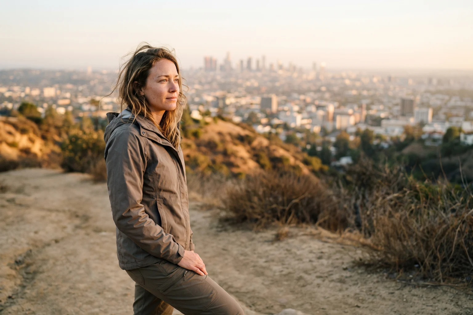 Woman on a Runyon Canyon trail looking out over the Los Angeles skyline with clear, unaided vision