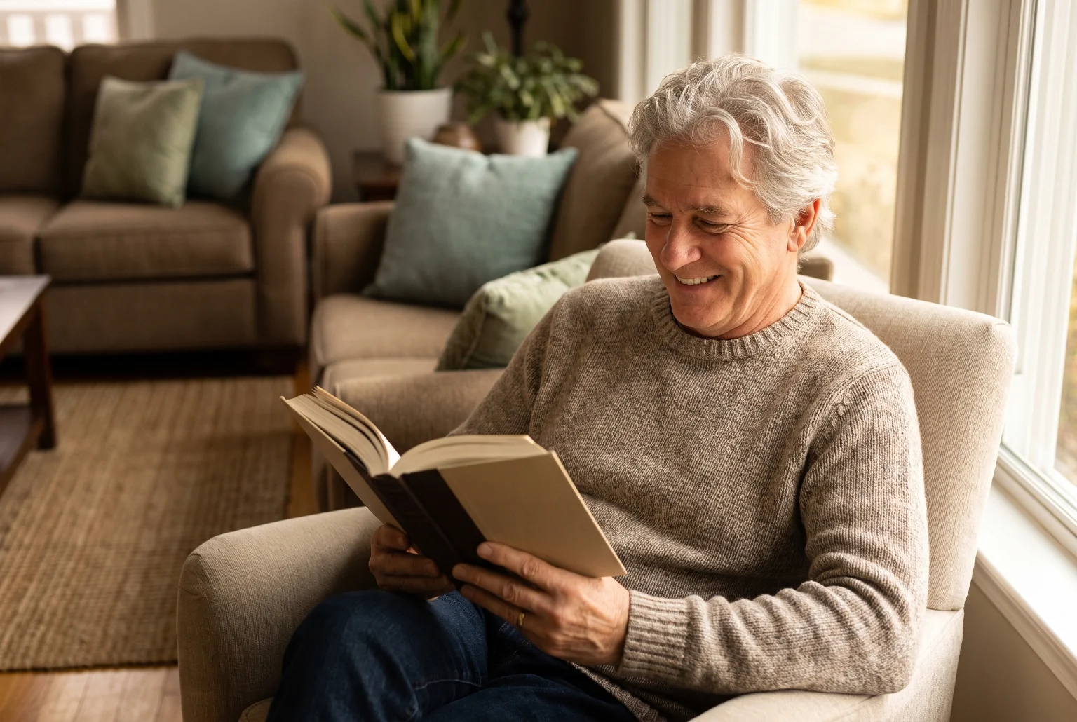 Man in his sixties reading clearly without glasses after cataract surgery in Los Angeles