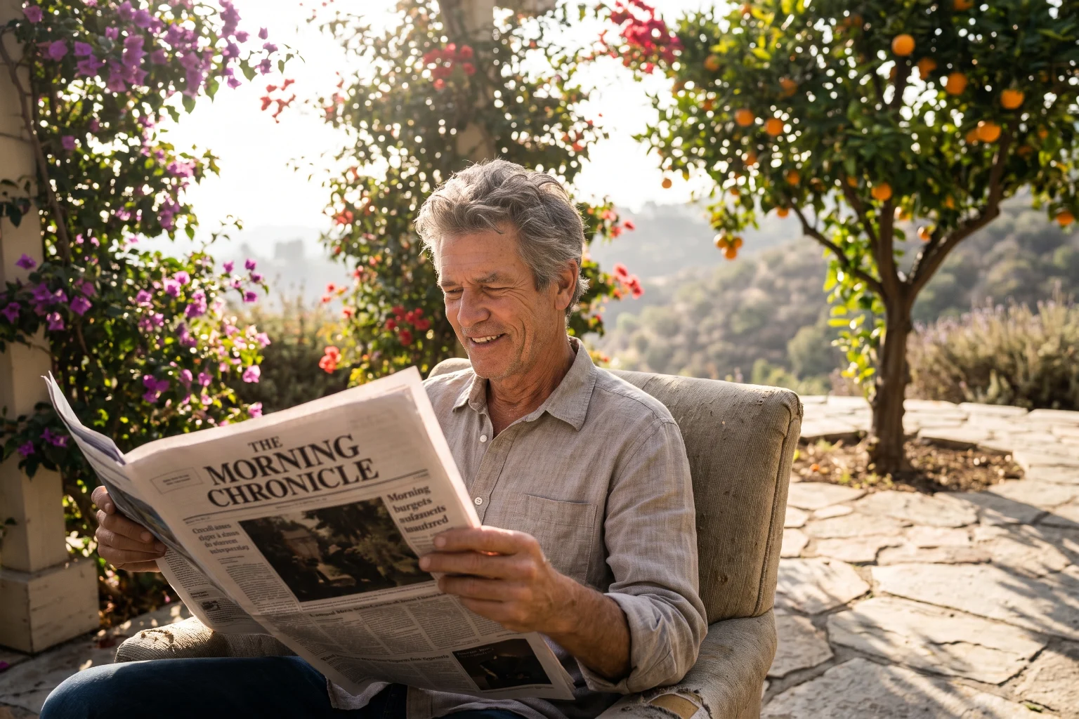Man in his late sixties reading a newspaper comfortably without glasses on a sunlit Southern California patio