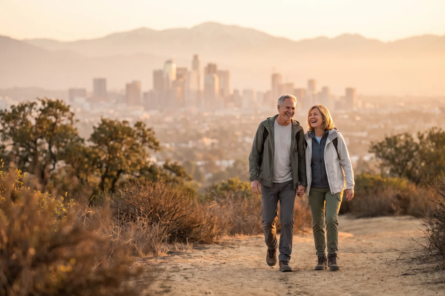 Couple in their sixties walking a Griffith Park trail at golden hour with Los Angeles and the San Gabriel Mountains in the distance