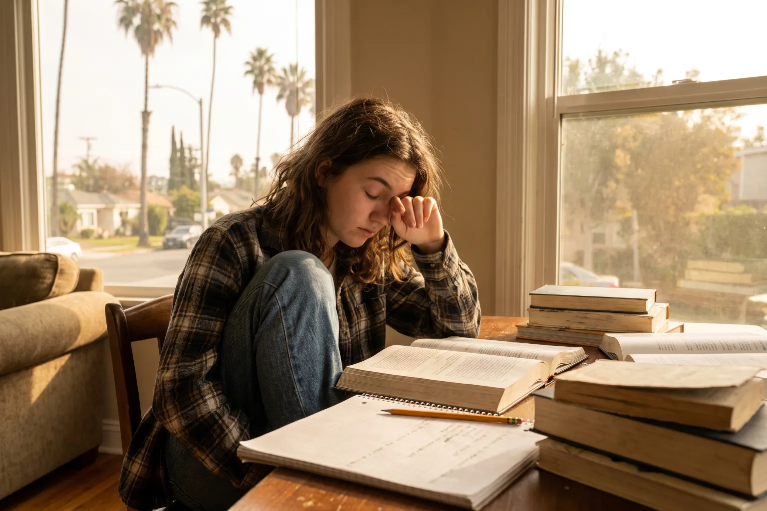 Teenager studying at a sunny window in a Los Angeles home, rubbing one eye while reading
