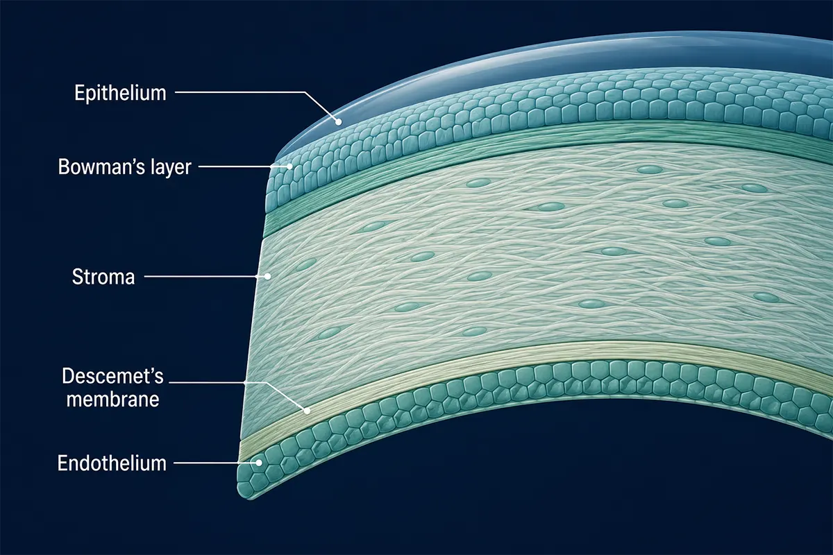 Cornea anatomy — five layers diagram, Berg-Feinfield Los Angeles